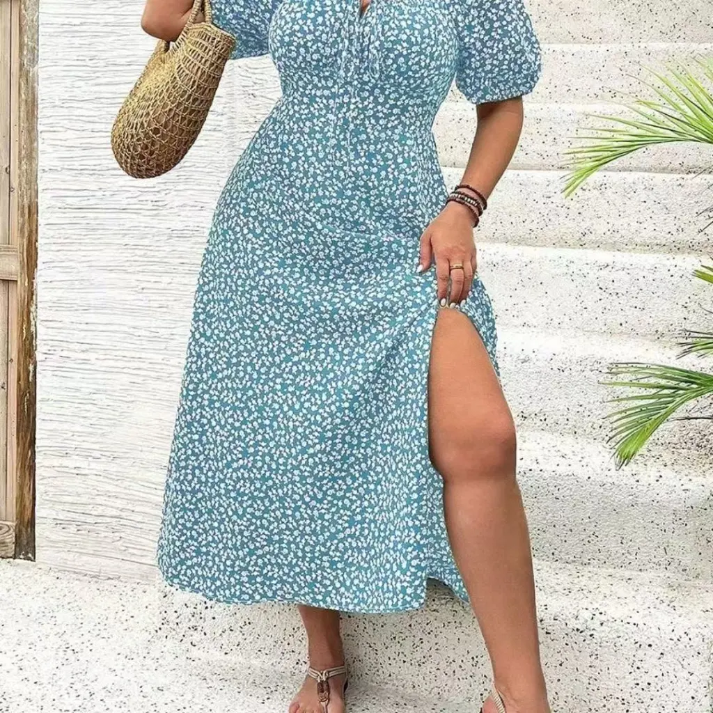 Women's Clothing Plus Size Floral Dress Summer - Blue
