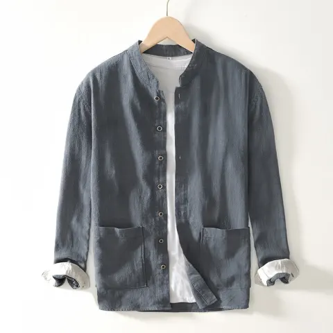 Chinese-style Stand Collar Ramie Long-sleeved Shirt Breathable Linen Casual
