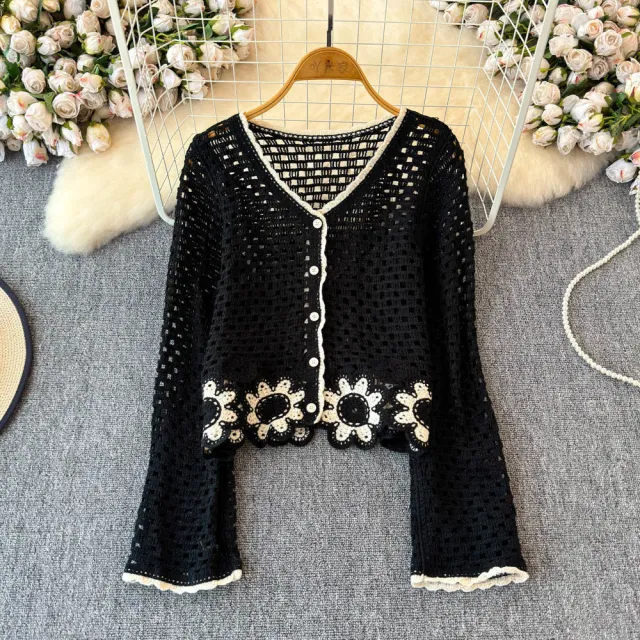 Autumn Hollow Crocheted Flower Sweater Black - Shop at LoveMi