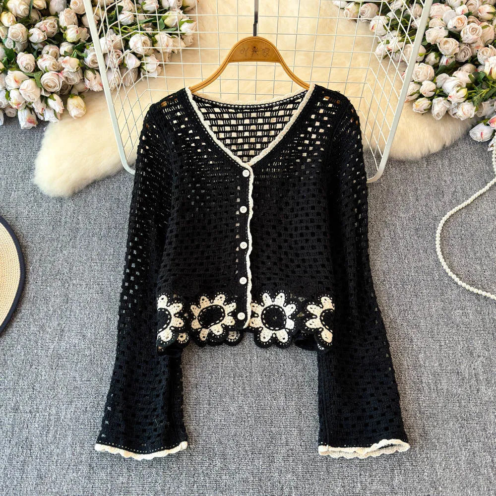 Autumn Hollow Crocheted Flower Sweater - Black