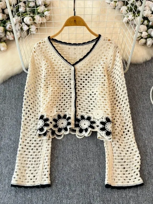 Autumn Hollow Crocheted Flower Sweater Apricot - Shop at LoveMi