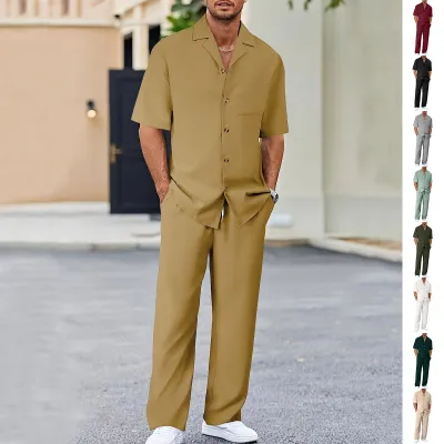 Men's Trousers Suit Fashion Lapel Button Short Sleeve Shirt And Pocket Straight Pants Clothing