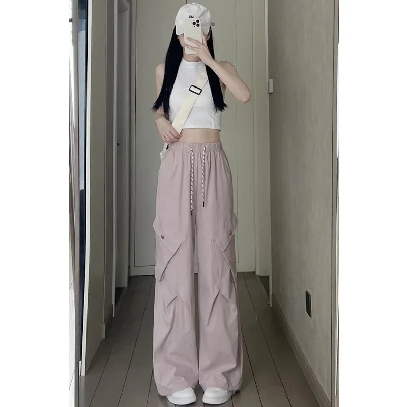 American Retro Women's Loose Wide-leg Quick-drying High Waist Ankle-tied Sports Pants - Pink