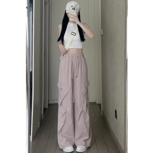 American Retro Women's Loose Wide leg Quick drying High Waist Ankle tied Sports Pants Pink - Shop at LoveMi