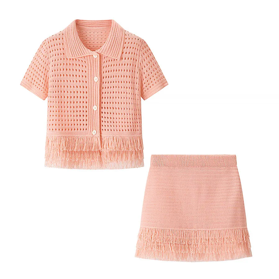Tassel Short Sleeve Knitted Coat High Waist Mini Skirt Suit - Pink