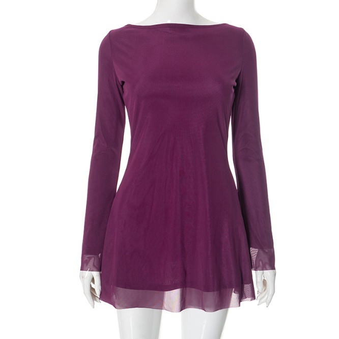 Fall Women's Clothing Temperament Double Layer Mesh Slim Fit Lace-up Dress