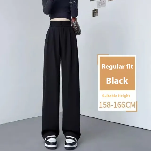High Waist Slimming Draping Effect Straight Casual Loose Wide Leg Pants Black - Shop at LoveMi