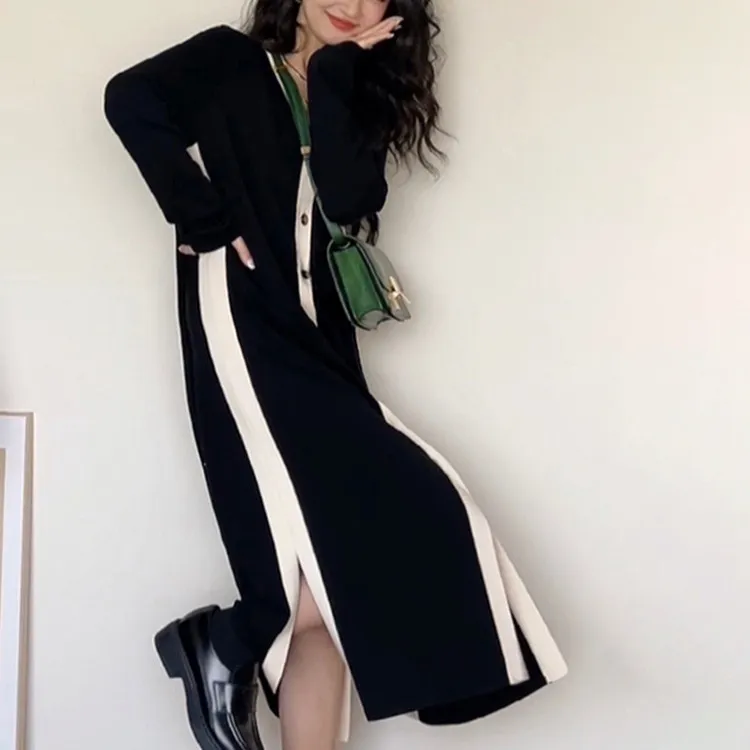 Women's Black Long Cardigan Knitted Dress - Black