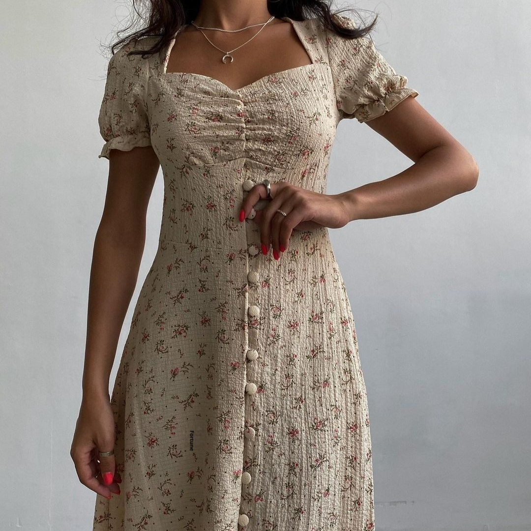 Floral Short Sleeve Square Collar Long Dress Beige - Shop at LoveMi