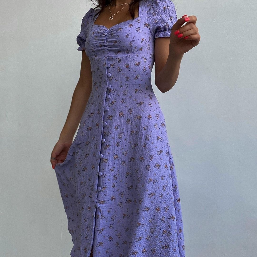 Floral Short Sleeve Square Collar Long Dress Floral - Shop at LoveMi