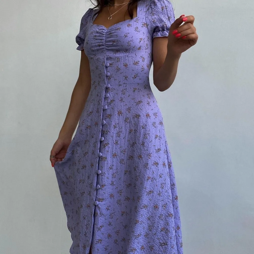 Floral Short Sleeve Square Collar Long Dress - Floral
