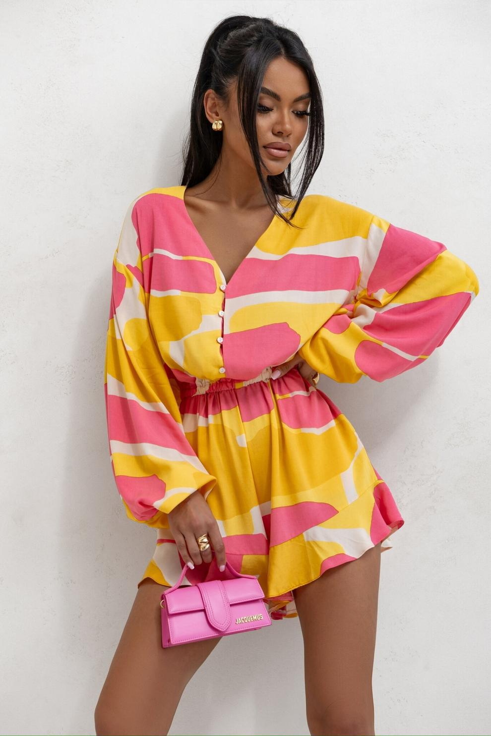 Printed V-neck Long Sleeve Jumpsuit in yellow with lantern sleeves