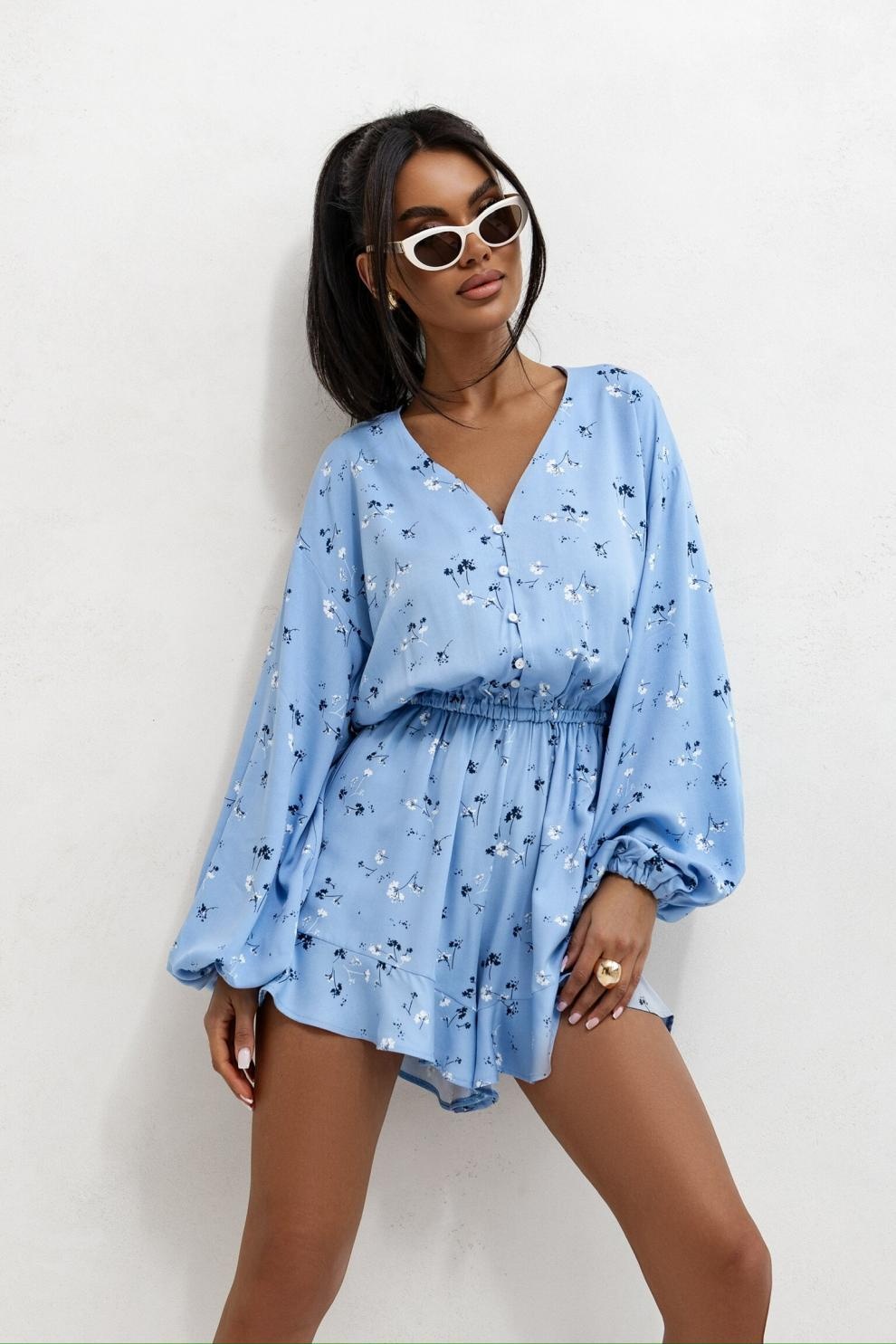 Wide-leg street style jumpsuit for women, blue floral print