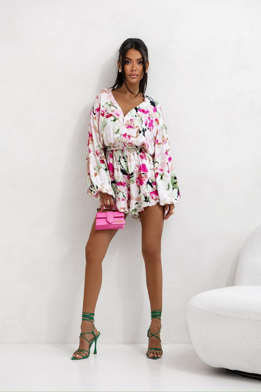 Printed V-neck Long Sleeve Jumpsuit in white with lantern sleeves