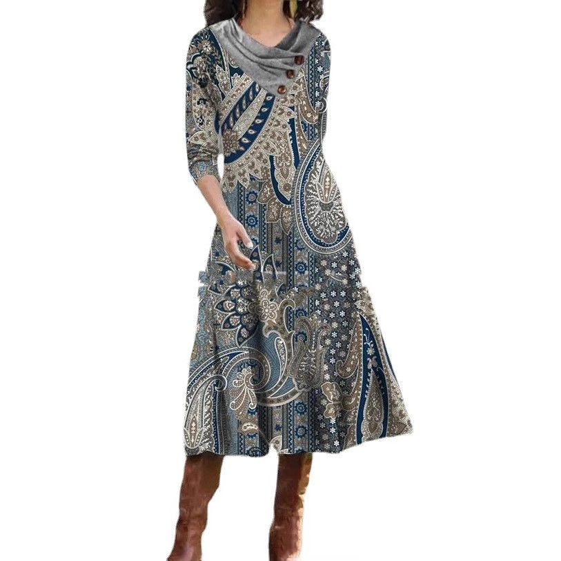 Overlapping Collar Mid-length Printed Dress