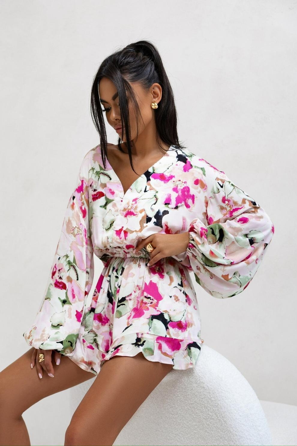 Printed V-neck Long Sleeve Jumpsuit in white with lantern sleeves