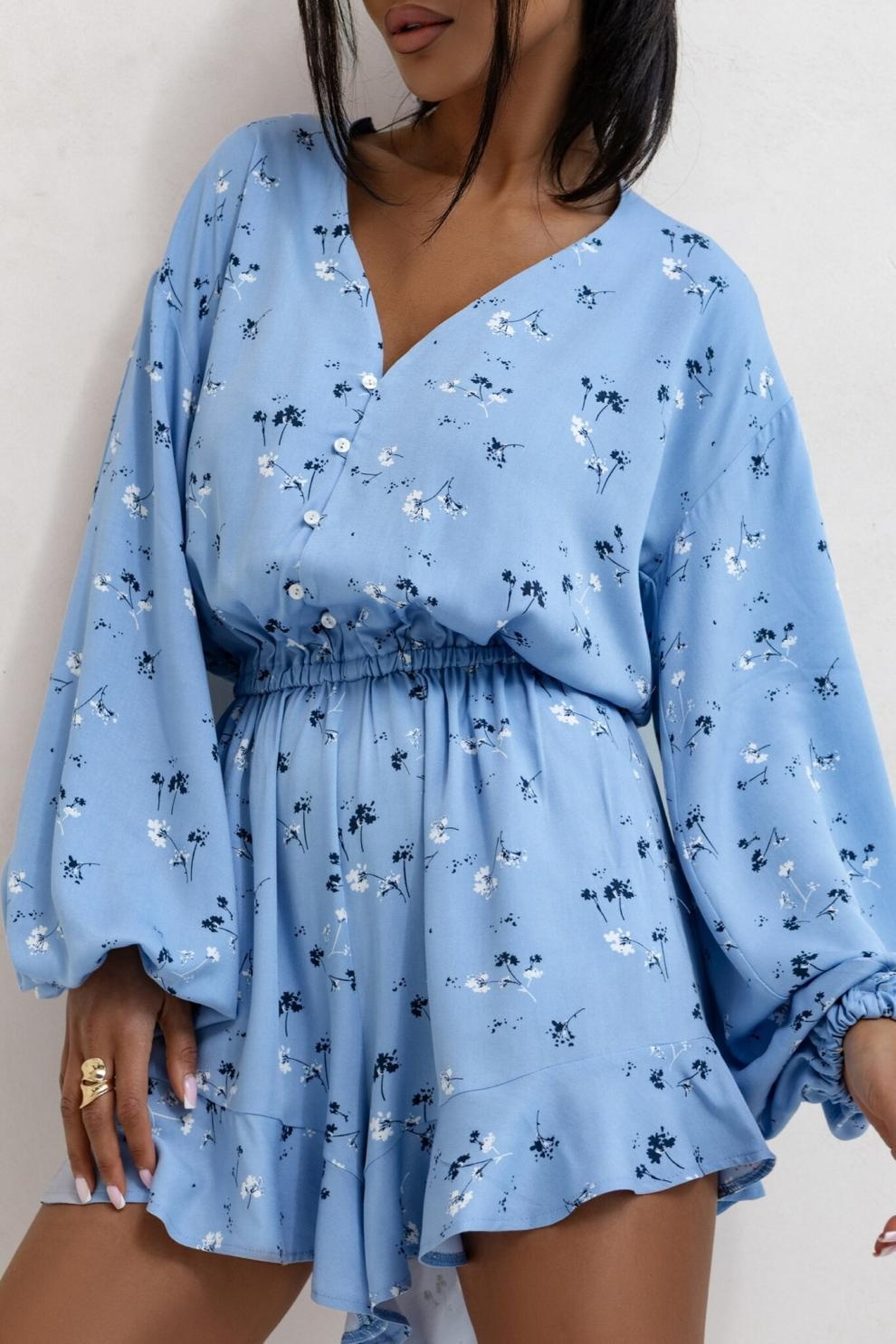 Wide-leg street style jumpsuit for women, blue floral print