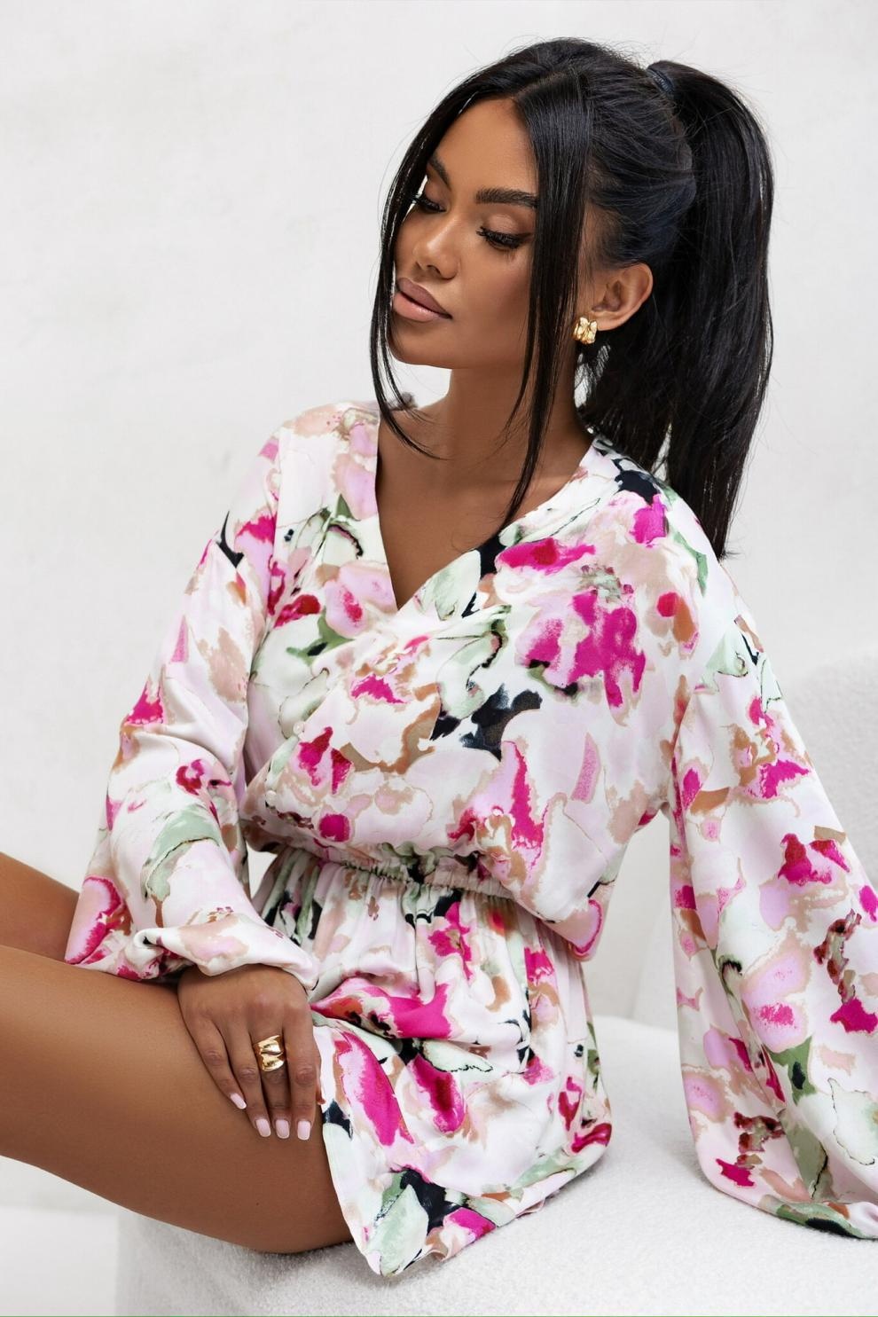 Printed V-neck Long Sleeve Jumpsuit in white with lantern sleeves