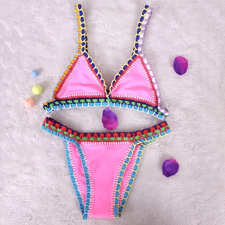 Hand Knitted And Colourful Fashionable Bikini With Straps - Pink