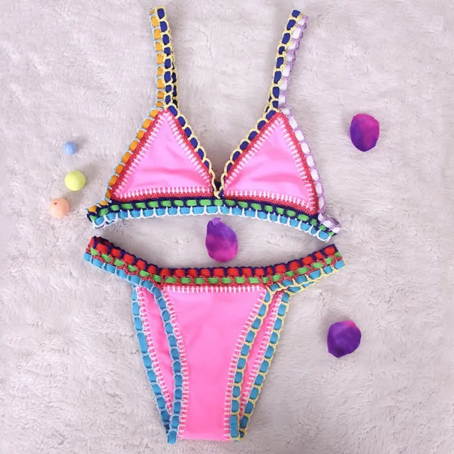 Hand Knitted And Colorful Fashionable Bikini With Straps Pink - Shop at LoveMi