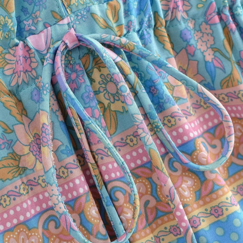 Blue Floral Bohemian Pattern Romper with Drawstring Belt