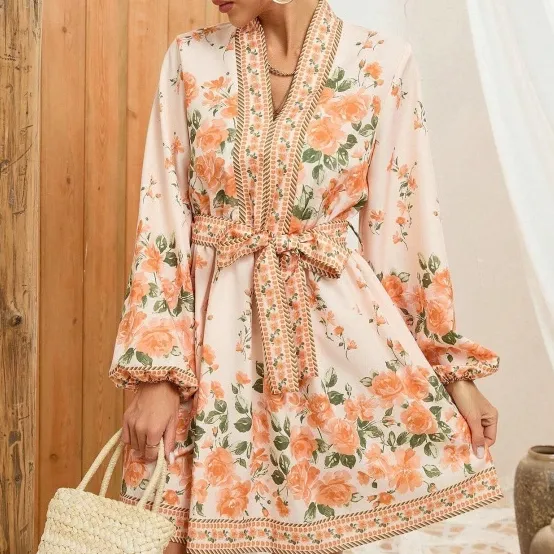 Winter European And American Flower Printing Long Sleeve Tied Dress - Green