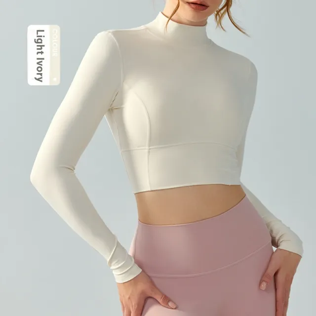 Stand Collar Fallwinter Yoga Wear Long Sleeve Women's Water Drop Semi fixed Cup Hollow out Beauty Back Light Ivory - Shop at LoveMi