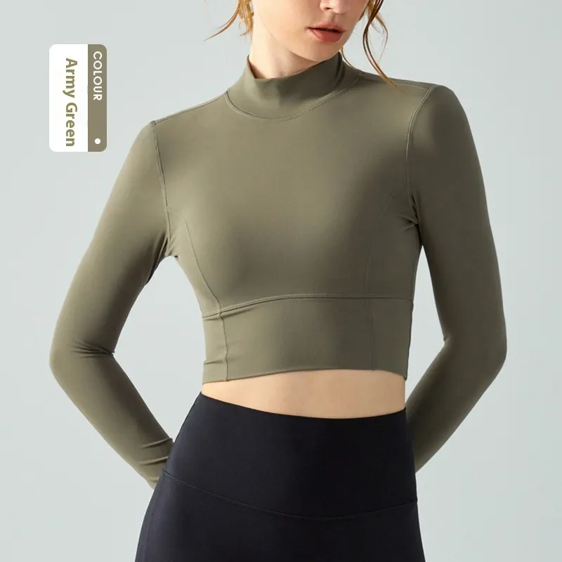 Stand Collar Fallwinter Yoga Wear Long Sleeve Women's Water Drop Semi-fixed Cup Hollow-out Beauty Back - Tan