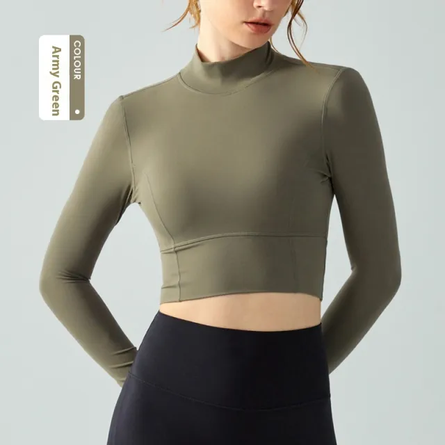 Stand Collar Fallwinter Yoga Wear Long Sleeve Women's Water Drop Semi fixed Cup Hollow out Beauty Back Tan - Shop at LoveMi