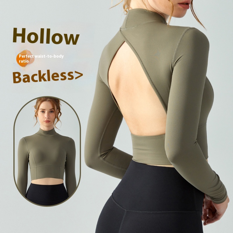 Stand Collar Fallwinter Yoga Wear Long Sleeve Women's Water Drop Semi-fixed Cup Hollow-out Beauty Back