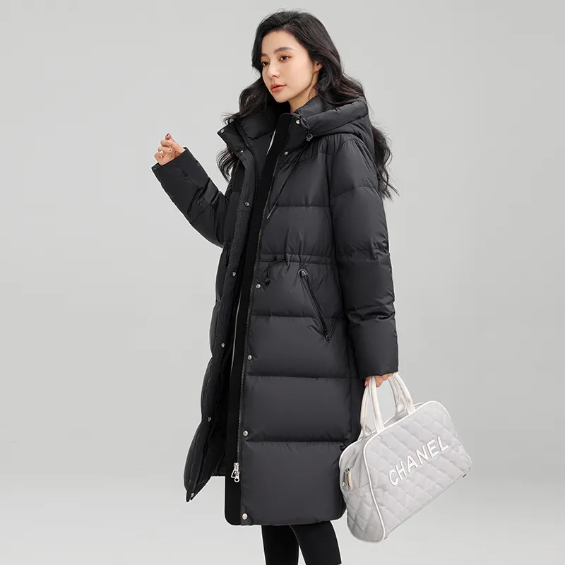 Drawstring Waist Long Below The Knee Down Jacket Women's Winter Casual Warm Jacket - Black