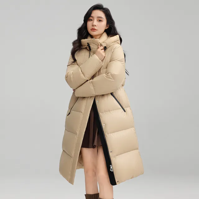 Drawstring Waist Long Below The Knee Down Jacket Women's Winter Casual Warm Jacket Khaki - Shop at LoveMi
