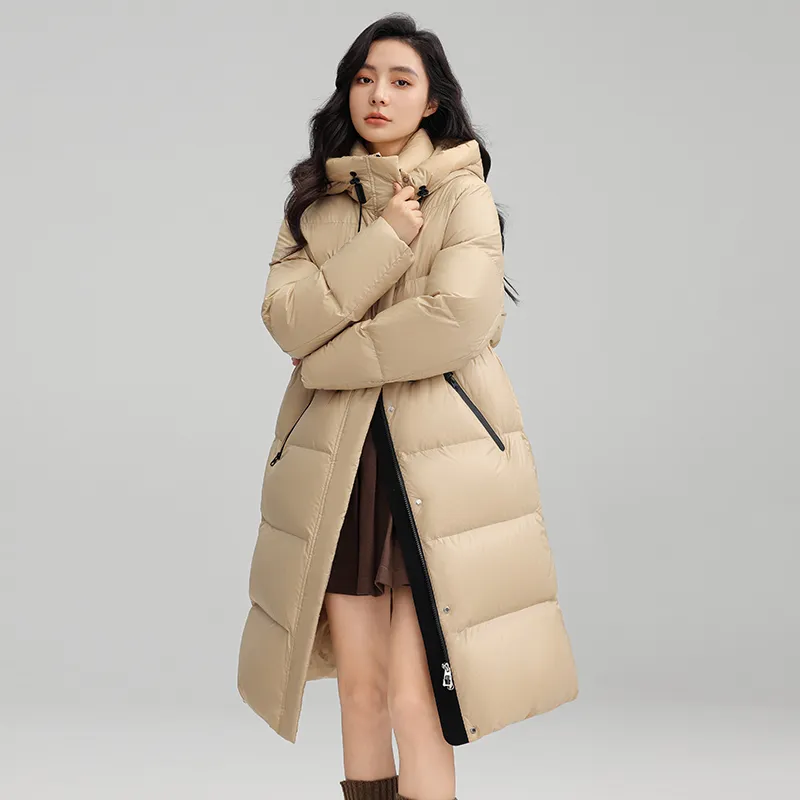 Drawstring Waist Long Below The Knee Down Jacket Women's Winter Casual Warm Jacket - Khaki