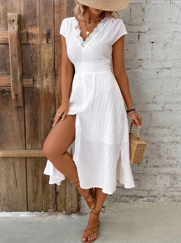 V neck Lace Textured Shirt Fashion Dress Date Elegant Dress Red - Shop at LoveMi