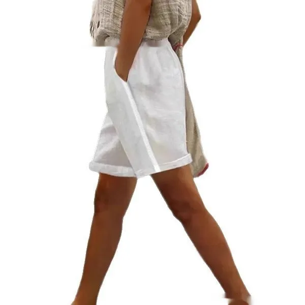 New Solid Color Side Pocket Lace Stitching Sports Casual Wide leg Shorts White - Shop at LoveMi