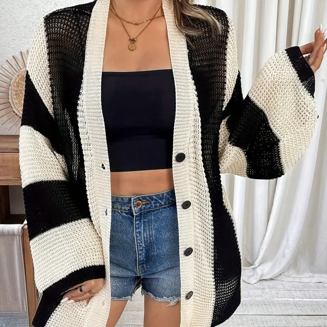 Contrast Color Striped Women's Sweater Cardigan Loose Sweater Apricot Color 2 - Shop at LoveMi