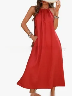 Fashion Solid Colour Vest Cotton Linen Dress Women - Red - View 1