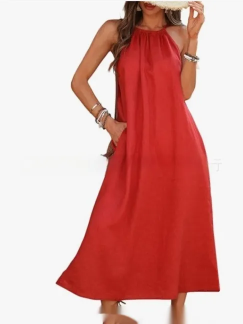 Fashion Solid Color Vest Cotton Linen Dress Women - Red