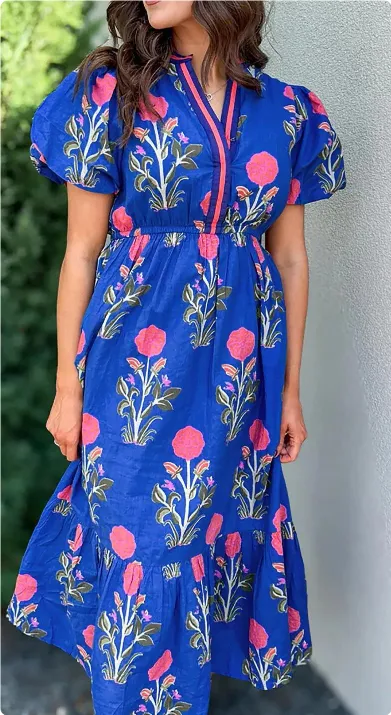 Sky Blue Flower Puff Sleeve Short Sleeve V neck High Waist Dress Blue - Shop at LoveMi