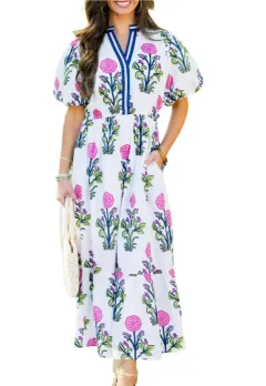 Sky Blue Flower Puff Sleeve Short Sleeve V-neck High Waist Dress - White - View 1
