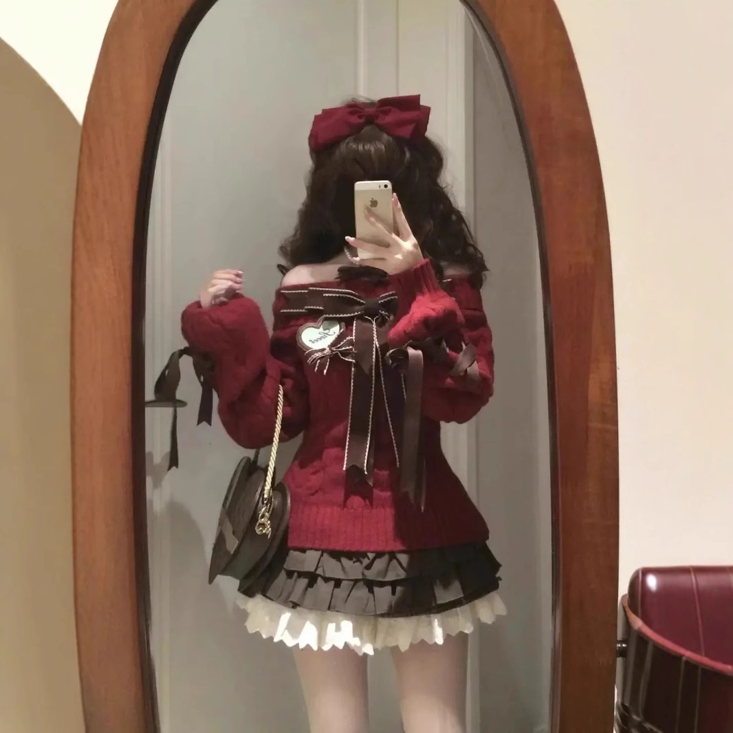 Bowknot Knitted Sweater Sweater Dress Cute Two piece Suit Pack Red Sweater Dress Suit - Shop at LoveMi