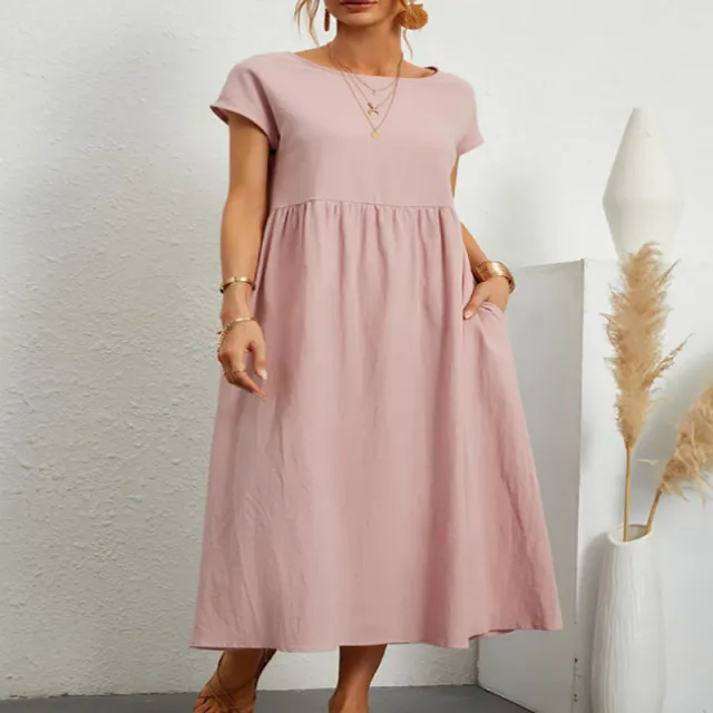 European And American Solid Color Sleeveless Loose Cotton Linen Pocket Dress Pink - Shop at LoveMi