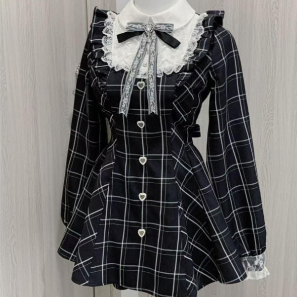 Preppy Style Bow Ruffled Lace Patchwork Waist-slimming Slimming Pleated Dress