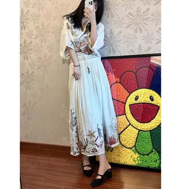 Women's V neck Embroidery Cotton Shirt Suit S - Shop at LoveMi