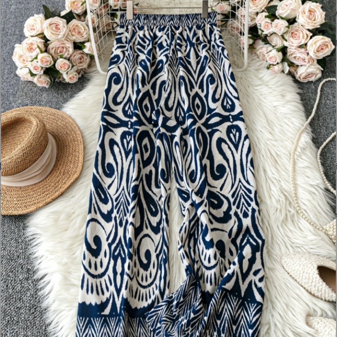 European And American Summer Holiday Floral Print Lace-up Women's Wide-leg Pants