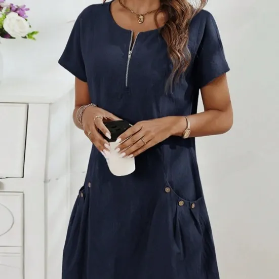 Women's Clothes Summer Zipper Collar Dress - Dark Blue