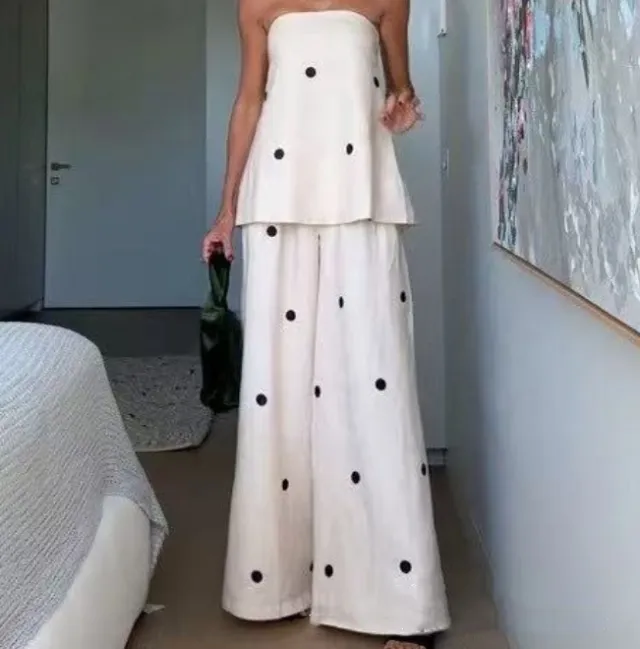 Leisure Suit Polka Dot Tube Top Wide Leg Pants White - Shop at LoveMi