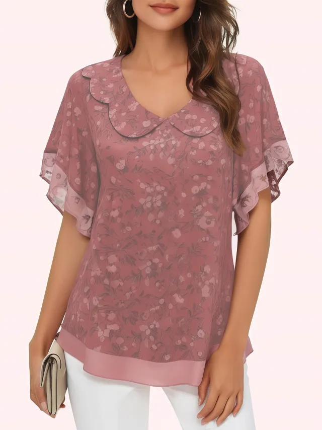 Women's Stringy Selvedge Round Neck Ultra thin Chiffon Printed Short sleeved Shirt Peach - Shop at LoveMi
