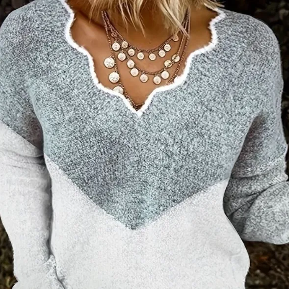 New Plus Size Autumn And Winter V neck Color Matching Sweater For Women Color - Shop at LoveMi