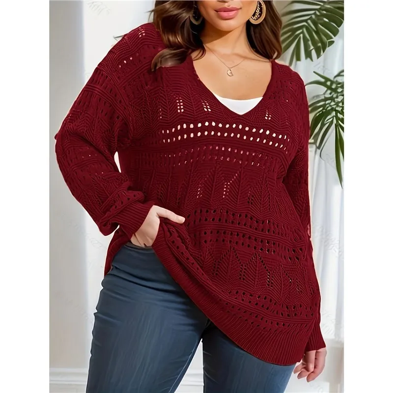 Plus Size Women's Sweater Long Sleeve V-neck Pullover Loose Sweater - Wine Red